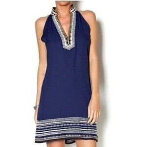 Anthropologie THML Chana Embroidered Dress, XSP, Navy Shift Tunic Lined V-Neck